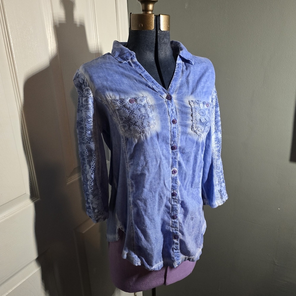 Blue Lace Button-Up Shirt